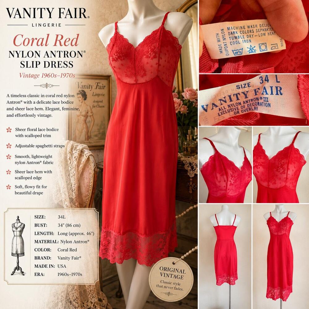 Rare Vanity Fair Red Nylon Antron Slip Dress Sz 34L Vintage Lingerie Lace Bodice - Picture 3 of 10